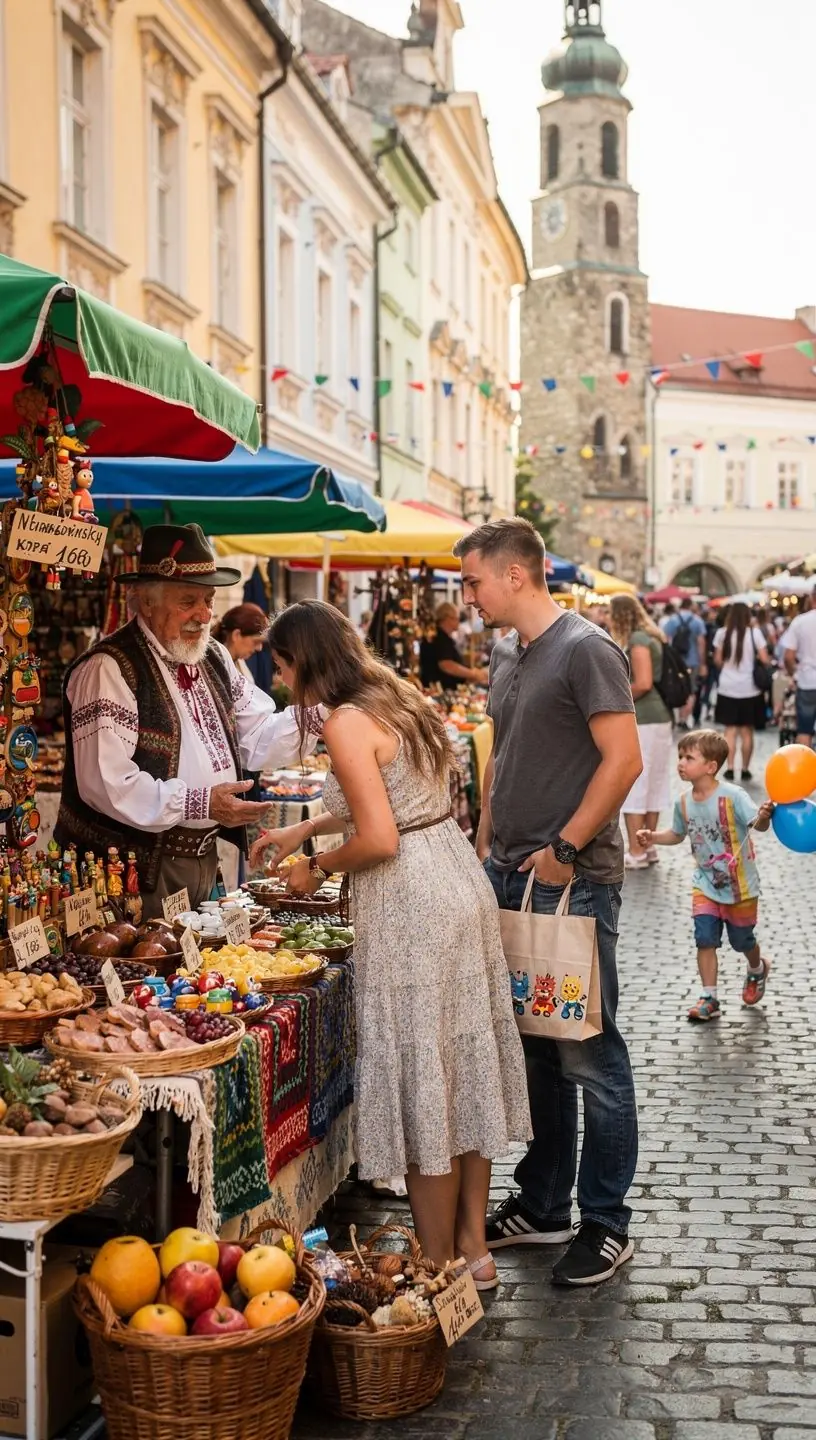 A group of tourists engaging with a local guide, learning about Slovak customs and etiquette during their walk.
